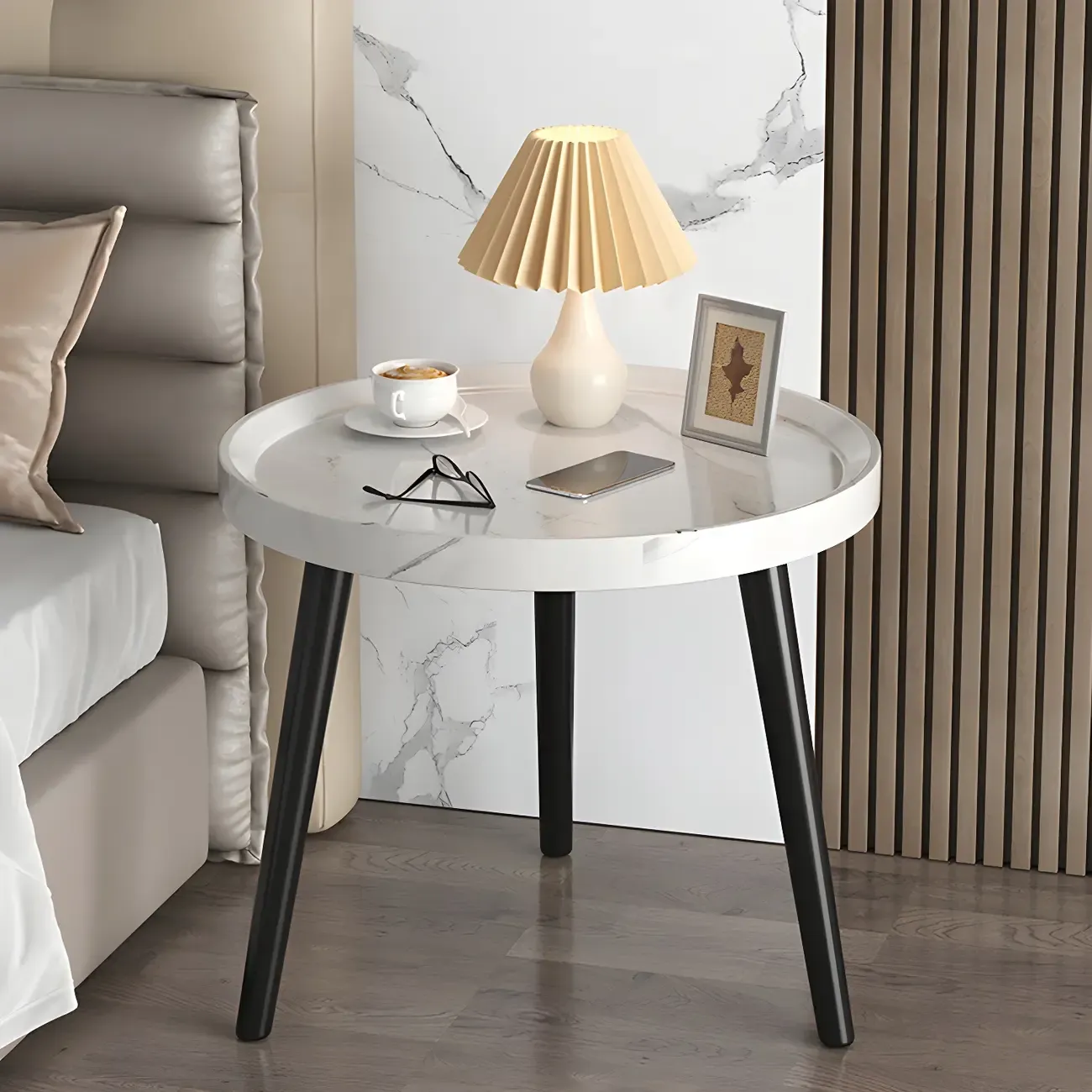 Natural Espresso Wood Small Round End Side Table with Tray Top & Shelf