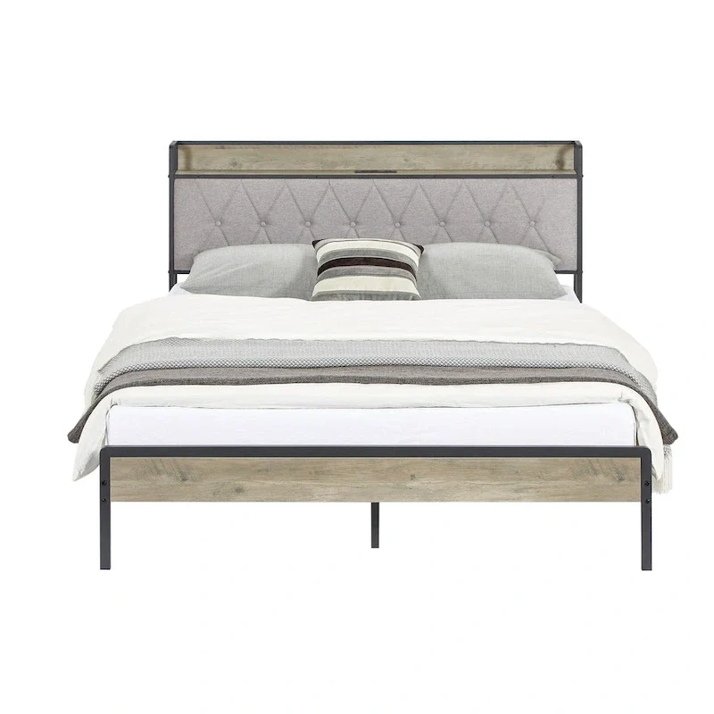 Grey & Queen Bed with Charging Station