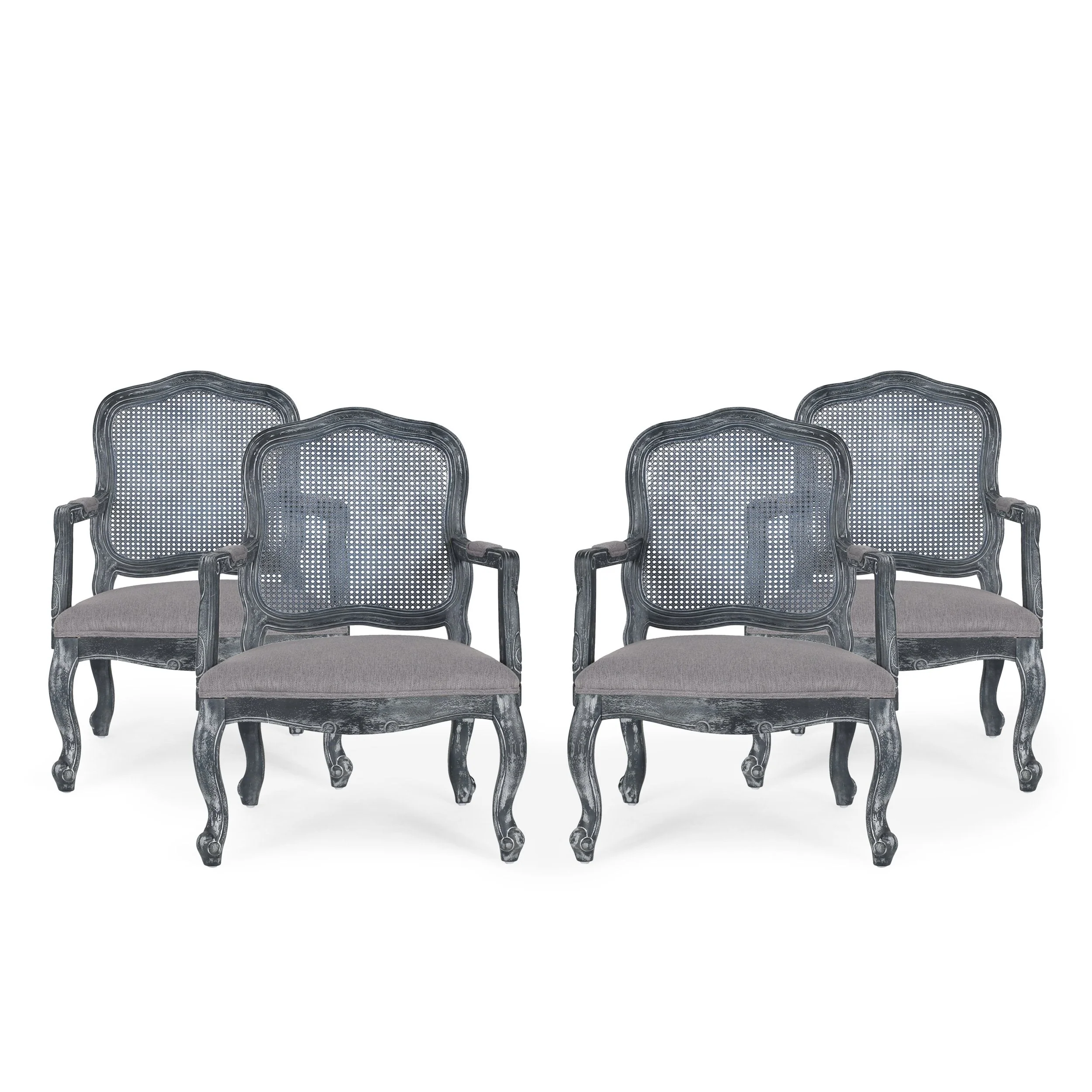 French Country Wood and Cane Upholstered Dining Armchair - NH542513