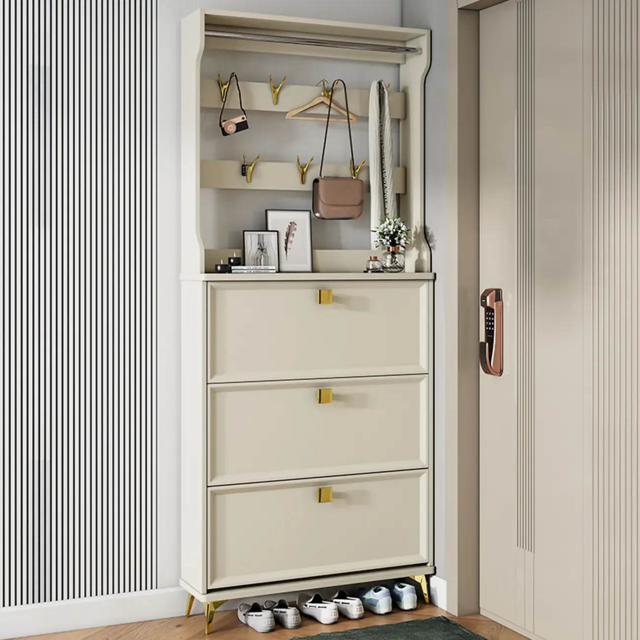 Drop-Front Adjustable Modern White Wood Narrow Shoe Cabinet