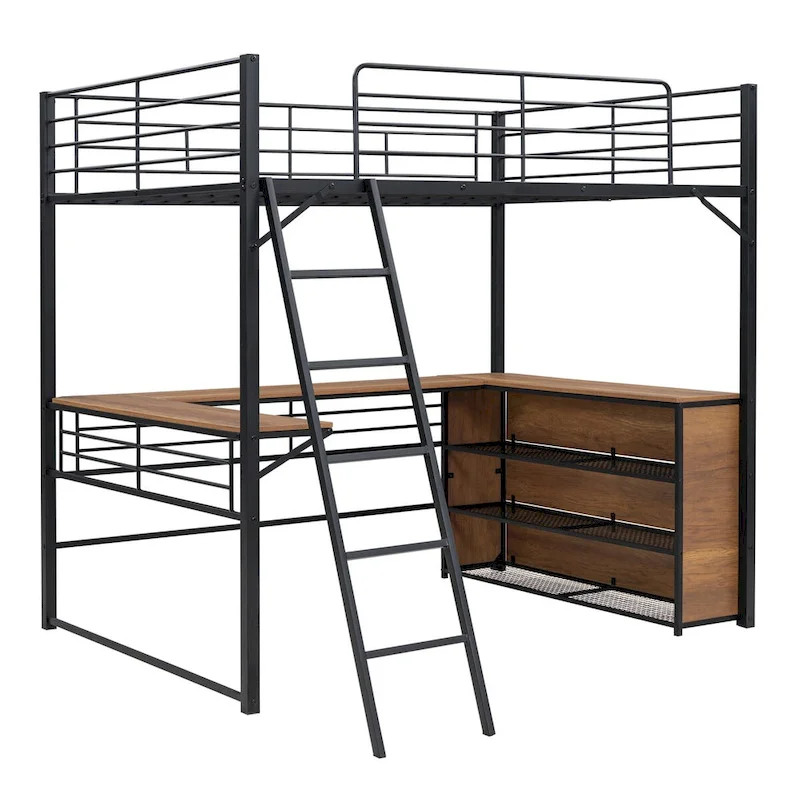 Metal Loft Bed with L-shaped Desk and 3 Layers of Shelves, Reversible Ladder