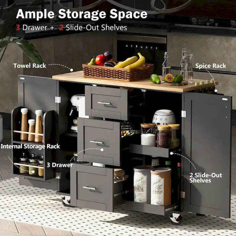 50 in. W Kitchen Island Rubberwood Top on 5 Wheels with 3 Drawers and 2 Slide-Out Shelf