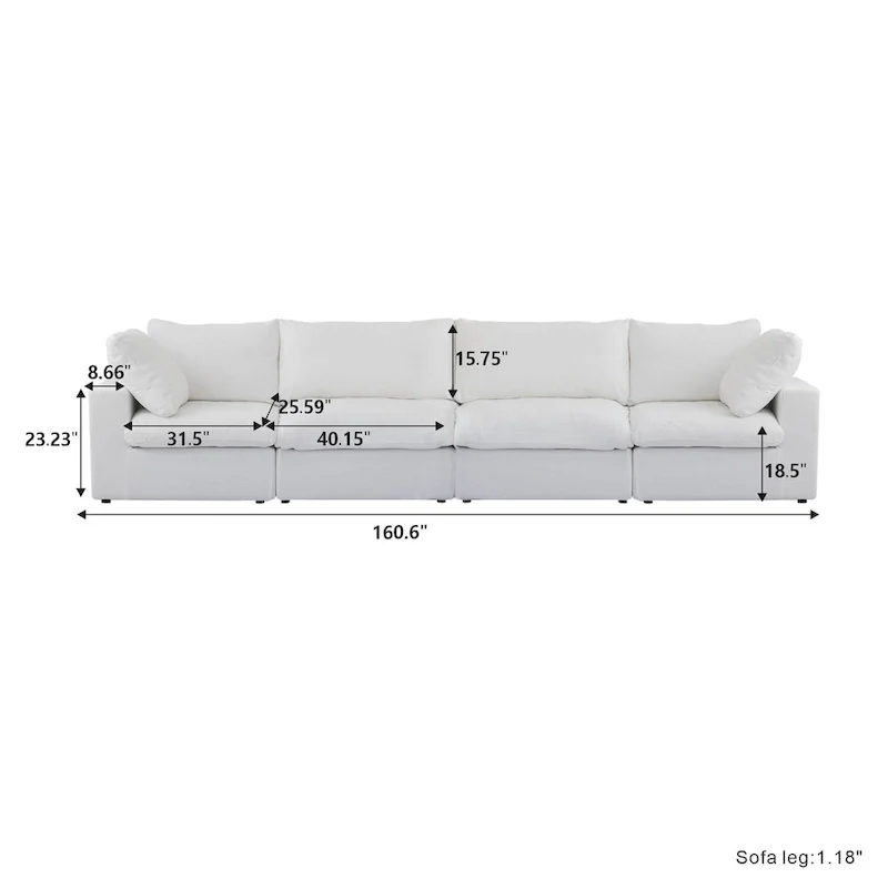 160.6 Modern Linen Upholstered Sofa Multiple Cushions Sectional Couch