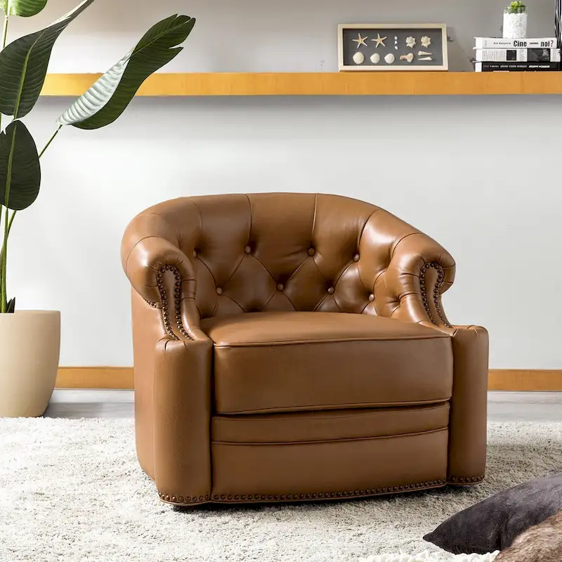 Felipe Modern Genuine Leather Swivel Chair With Tufted Back By HULALA HOME
