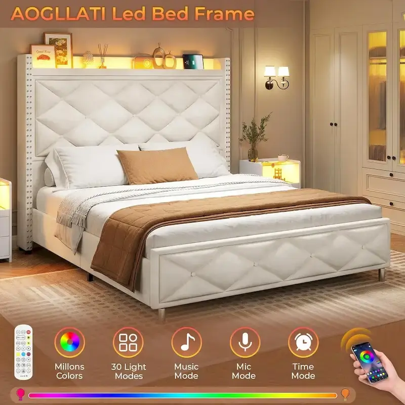 LED Bed Frame with 51.2  Tall Headboard Charging Station