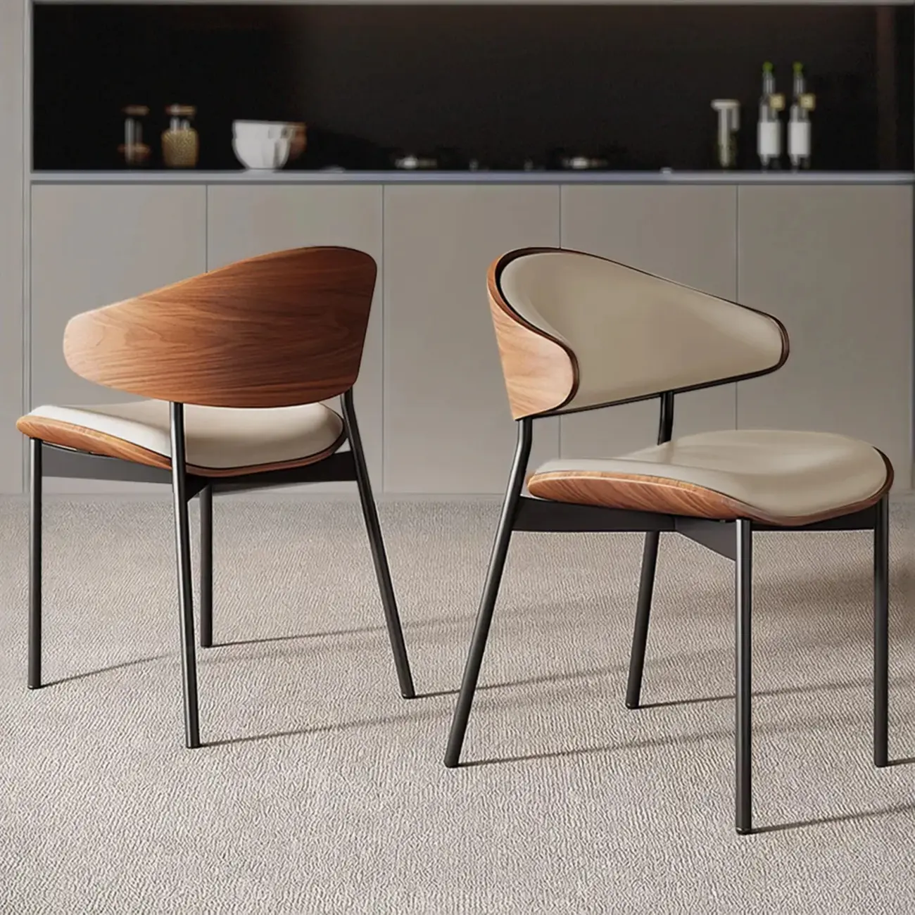 Black Leather Seat Curved Back Dining Chair