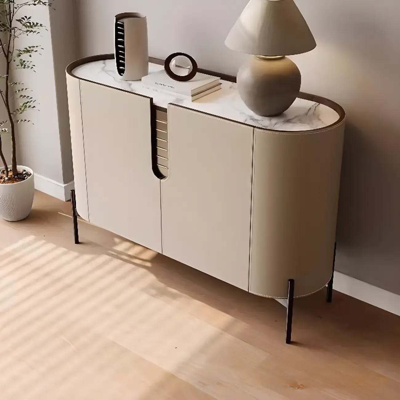Modern Beige Stone Accent Cabinet with 4 Straight Legs