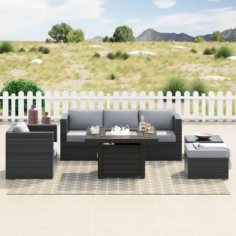 Corvus Trey 7-piece Patio Wicker Sofa Set with Fire Table