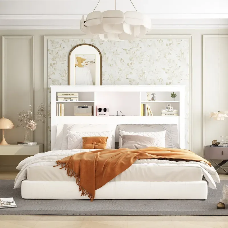 65Timechee Queen Bookcase Headboard RGB Light Adjustable Shelf