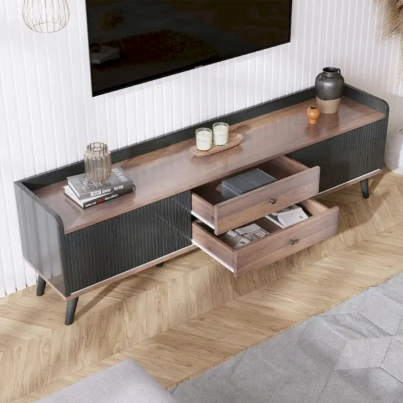 63 Inch Mid Century Modern TV Cabinet Dark Brown Black