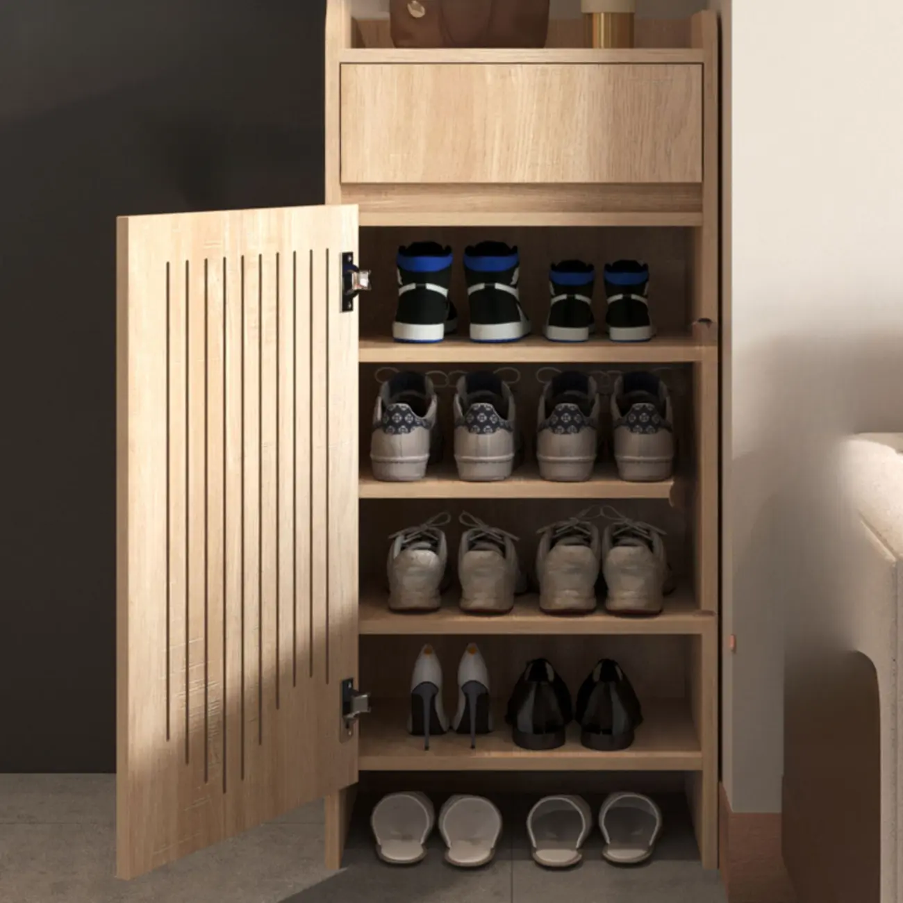 Modern Slim Wood Beige Entryway Shoe Cabinet