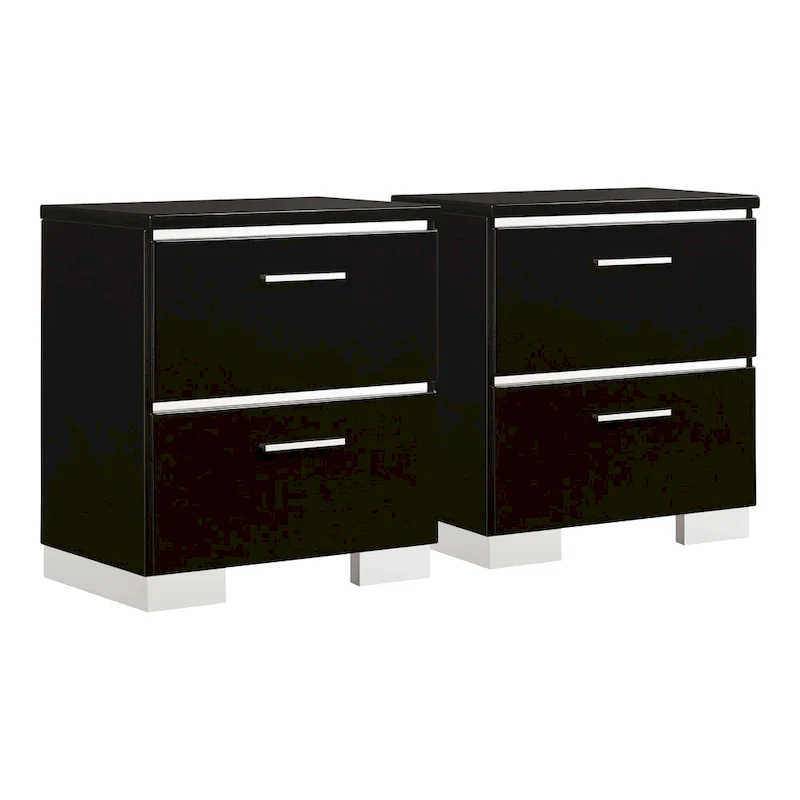 Lofa Modern Glossy Black Wood 2-Drawer Nightstand with USB Ports by