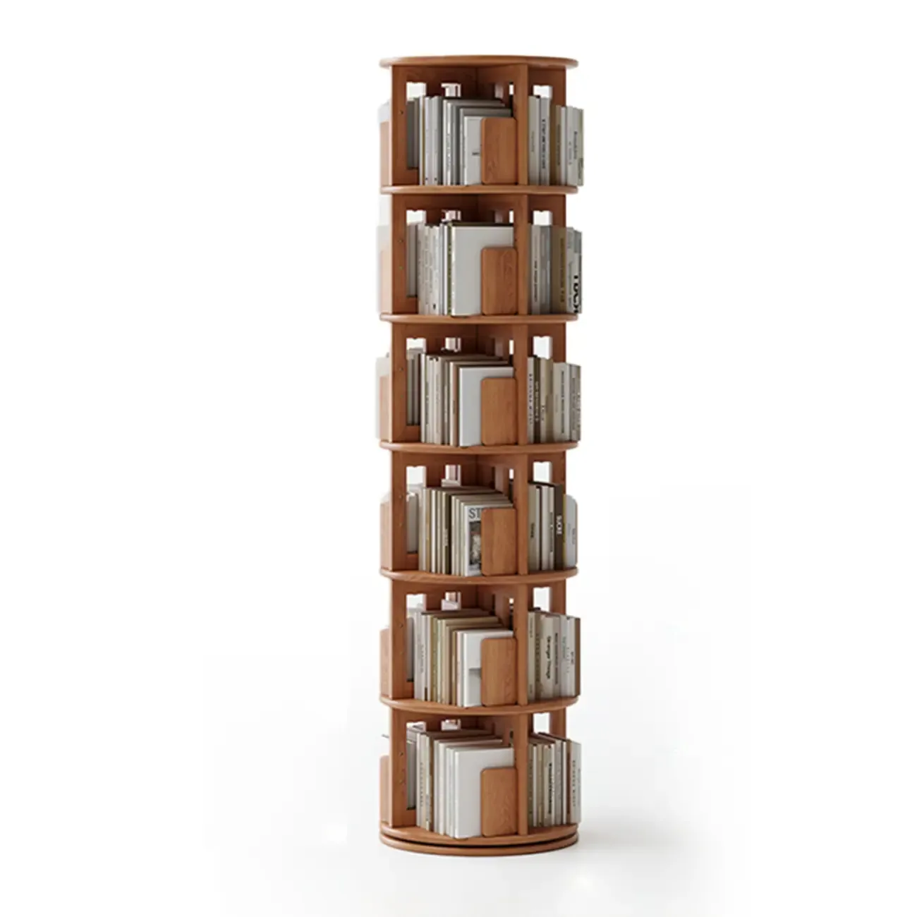 Cylindrical Movable 360° Rotating Wooden Bookshelf with Drawer