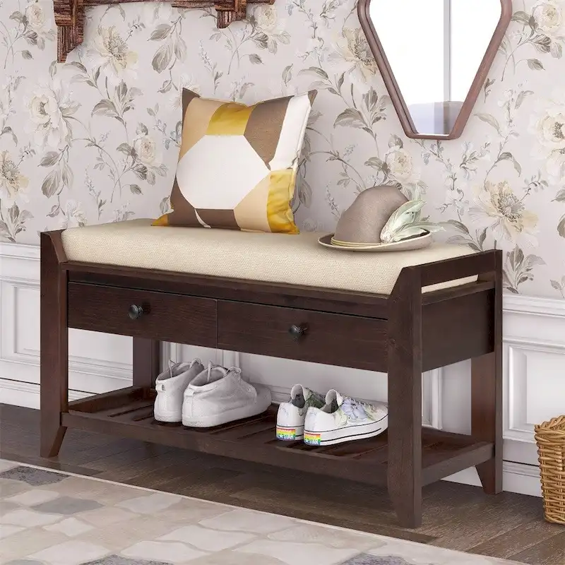 Contemporary Cushioned Shoe Rack with 2 Drawers and Open Shelf