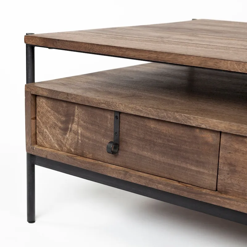 Glenn I Square Dark Brown Wood and Iron Black Frame Side Table