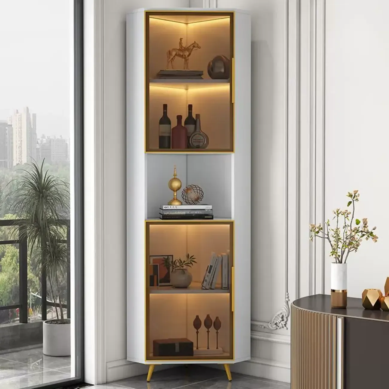 Modern Glam White-Gold Wood Glass Display Cabinet