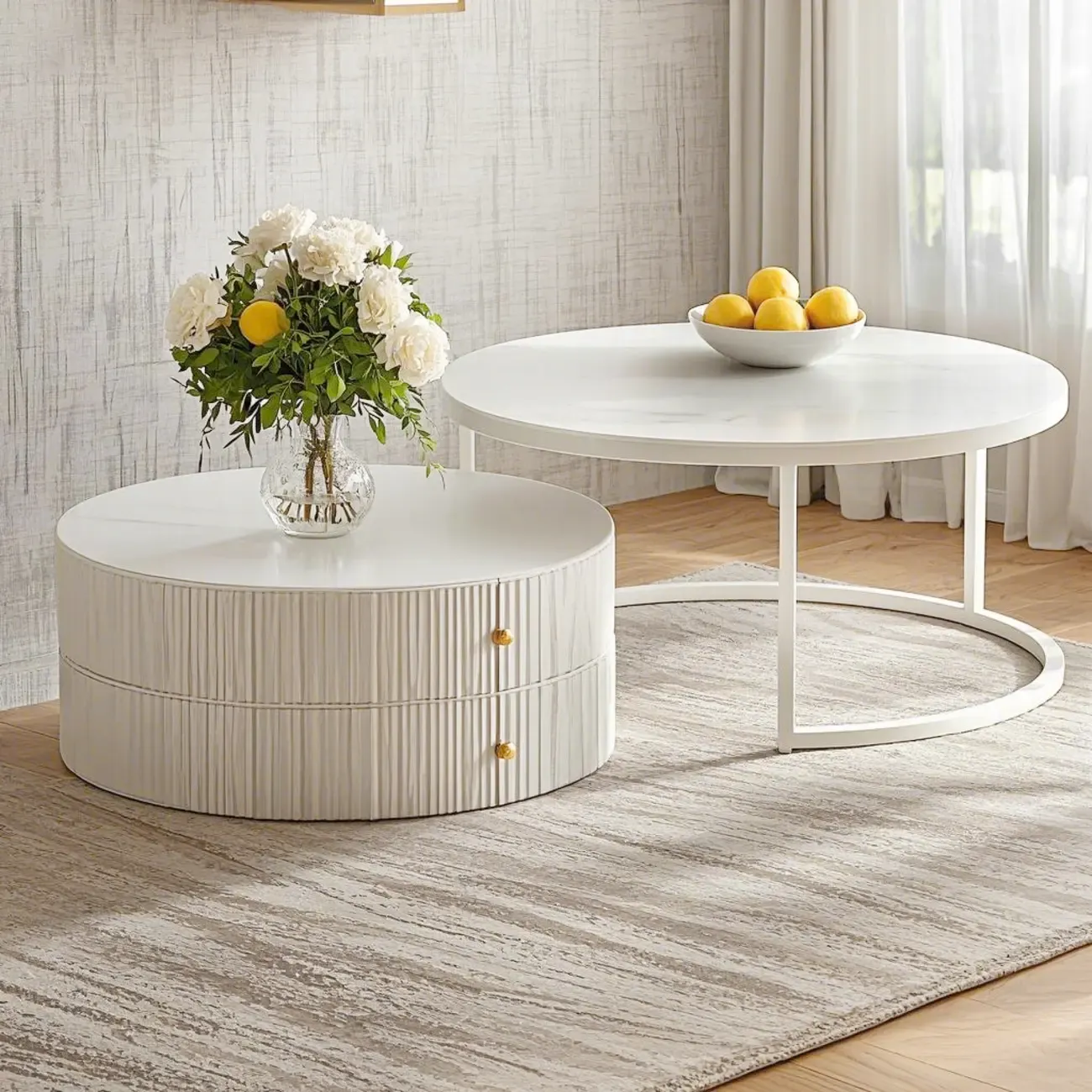 White Round Wheeled Round Wood Drawer Coffee Table
