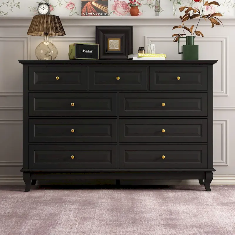 9-Drawer Dresser with Solid Wood Legs Chest Of Drawers Lacquer Console
