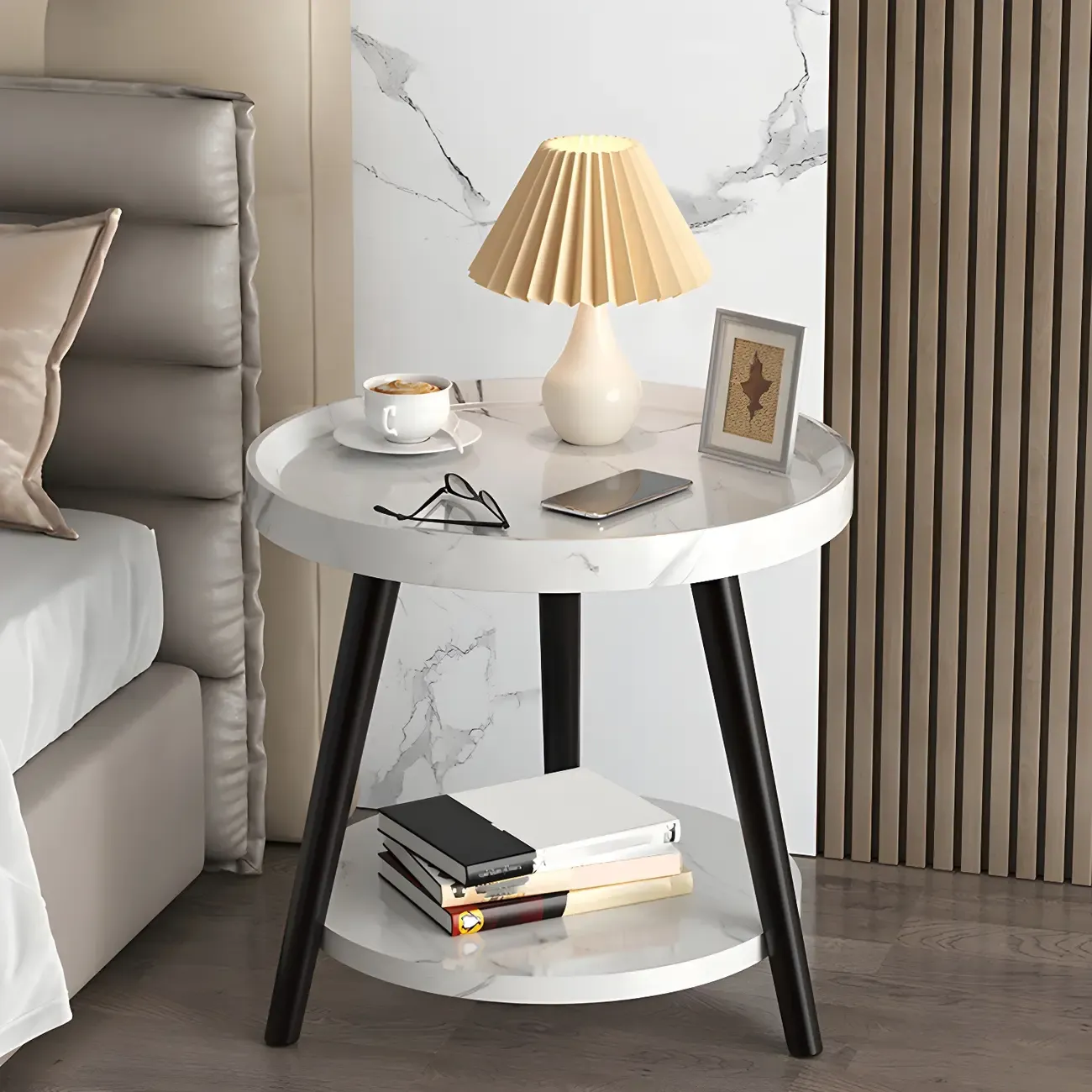 Natural Espresso Wood Small Round End Side Table with Tray Top & Shelf
