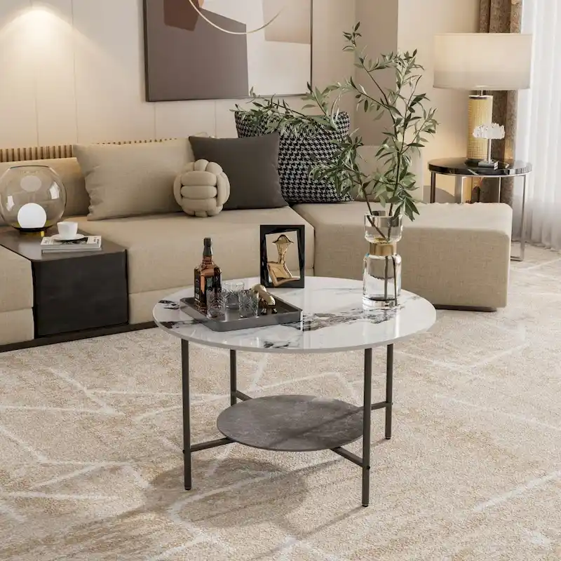 Round Coffee Table 31.5  Coffee Tables for Living Room High Glossy Faux Marble Cocktail Table with Storage Open Shelf