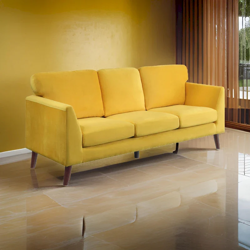 81 Inch Sofa, Yellow Velvet, Reversible Cushions, Dark Brown Wood