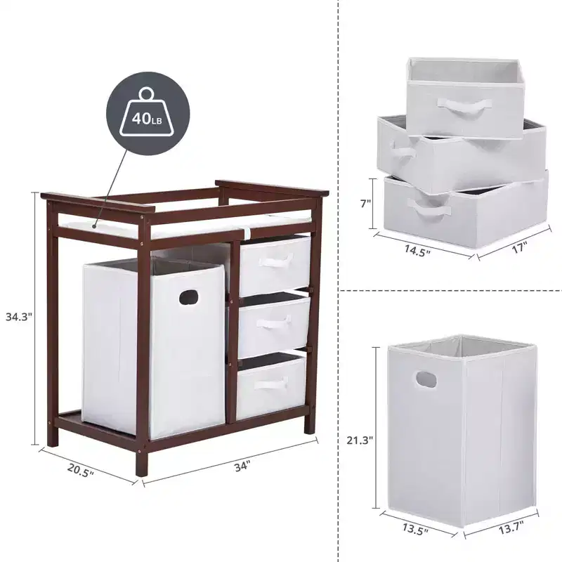 GustoWave Wooden Baby Changing Table,Modern Diaper Changing Table,Infant Diaper Station Dresser with Laundry Hamper, 3 Drawer Basket