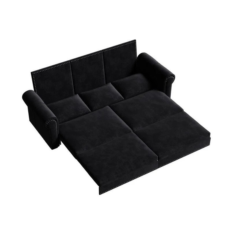 3-in-1 King Pull Out Sofa Bed Chesterfield Sofa, Velvet/Faux Leather Convertible Sleeper Sofa with Nailhead Trim & Rolled Arm