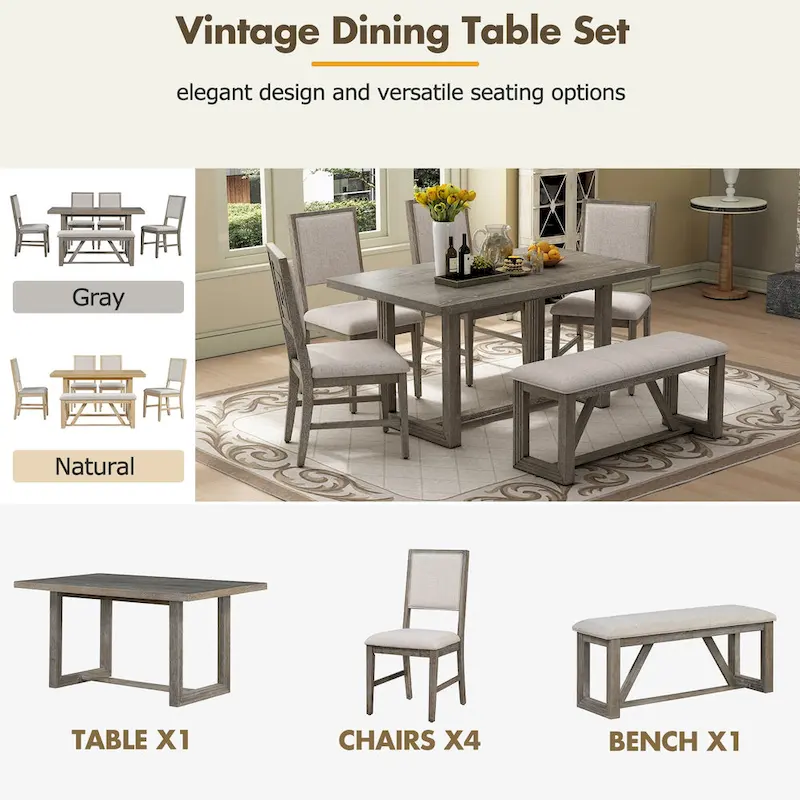 6 Piece Dining Table Chair Set, Wooden Kitchen Furniture Set with Acacia Wood Rectangular Table, 4 Chairs and 1 Bench