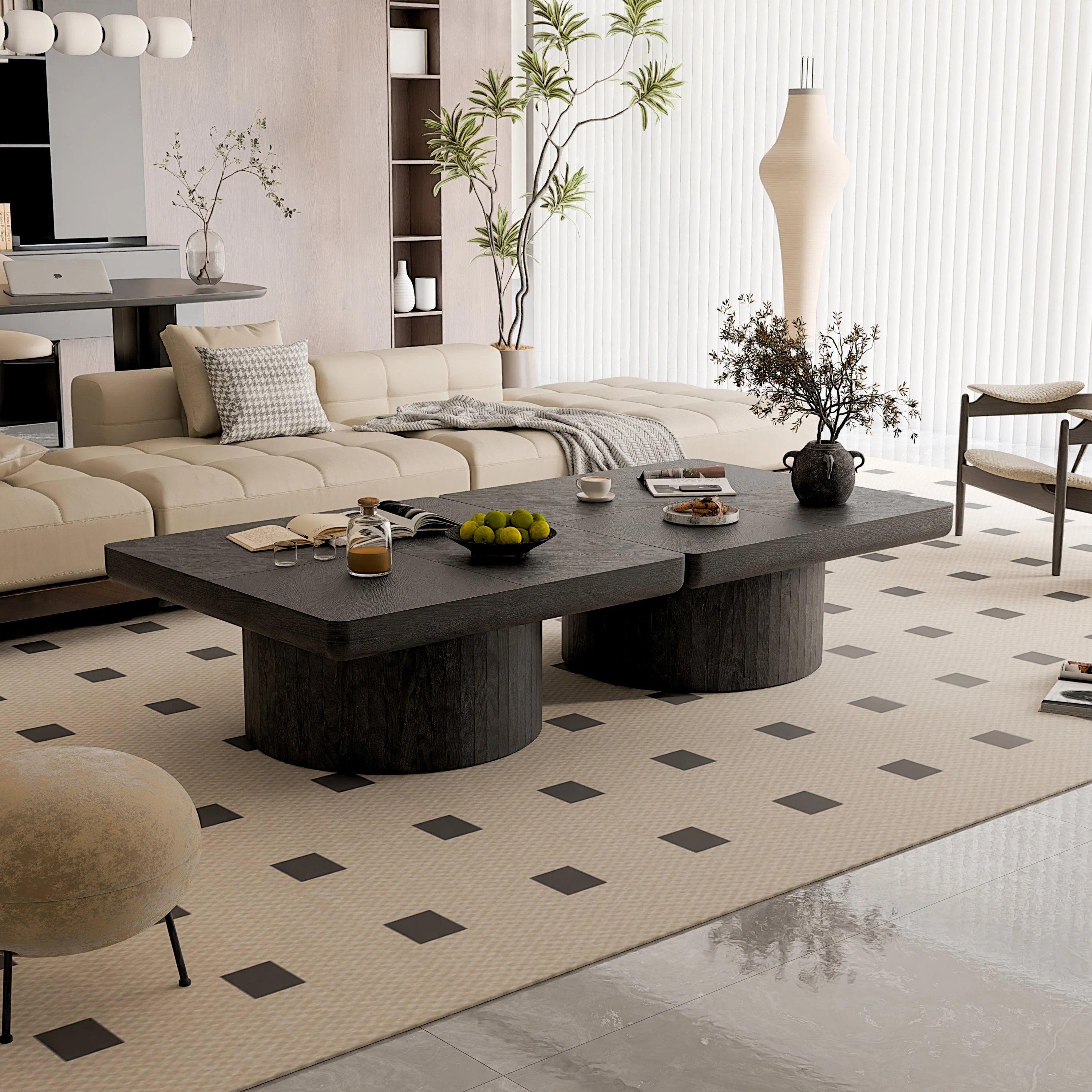 Modern Veneer 34.6'' Square Fluted Cylindrical Base Coffee Table