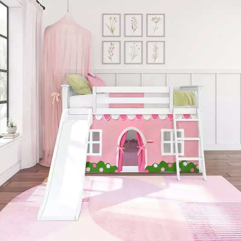 Twin Over Twin Low Bunk With Easy Slide & Light Pink & White Farmhouse Curtain