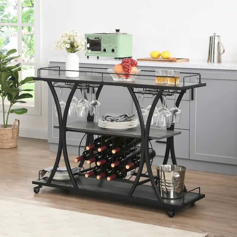 Industrial Bar Cart Kitchen Bar&Serving Cart For Home With Wheels 3 -Tier Storage Shelves(no include stool)