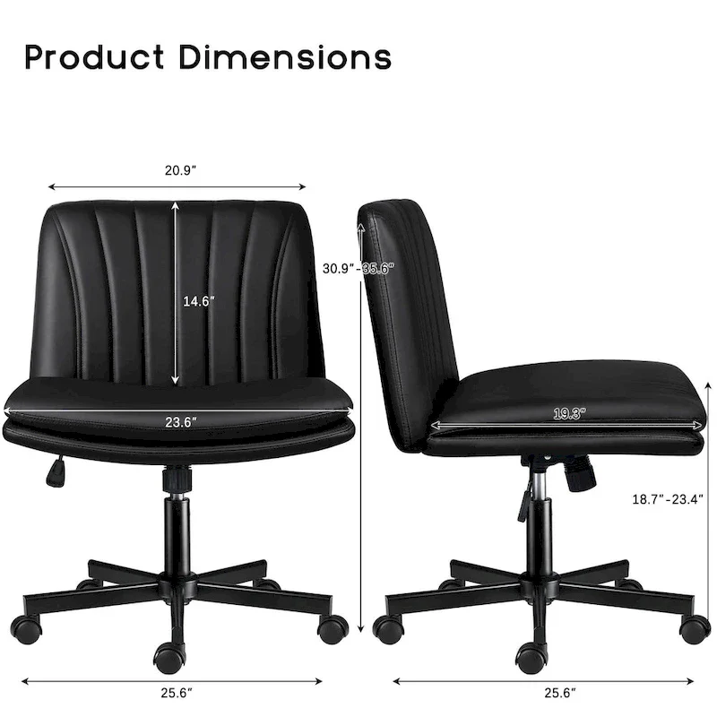 Bossin Criss Cross Chair with Wheels,PU Leather Armless Cross Legged Office chair, Adjustable Wide Seat Task Vanity Chair