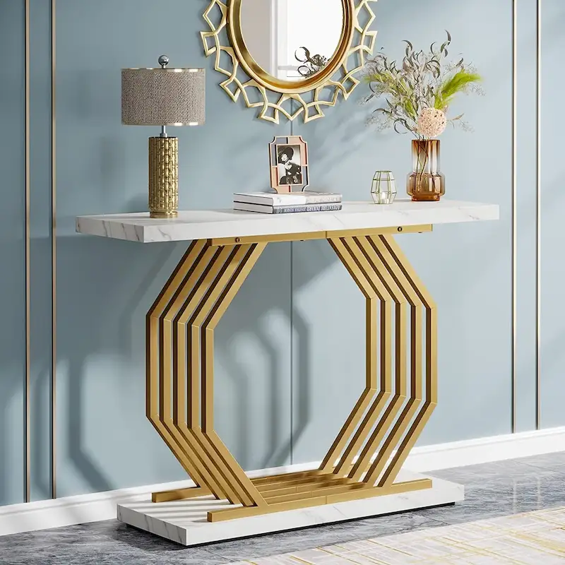 Gold Console Table, Faux Marble Entryway Table Narrow Sofa Table with Geometric Metal Base, 40 Inch Modern Accent Table