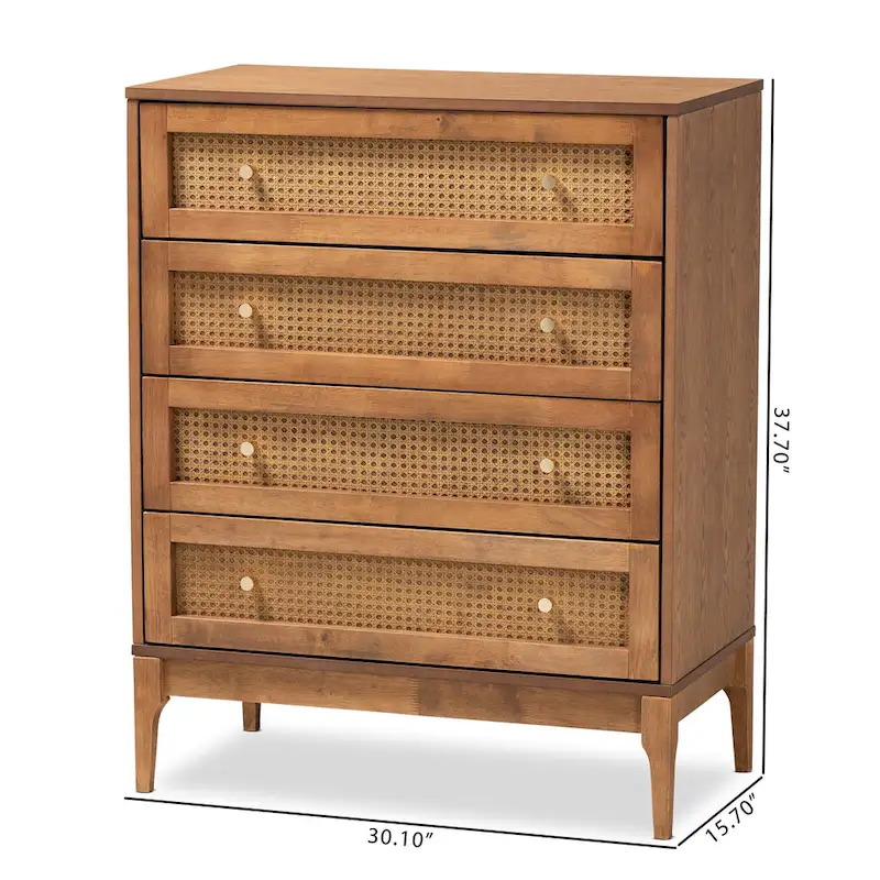 Ramiel Mid-Century Modern Ash Walnut Finished Wood and Rattan 4-Drawer Chest