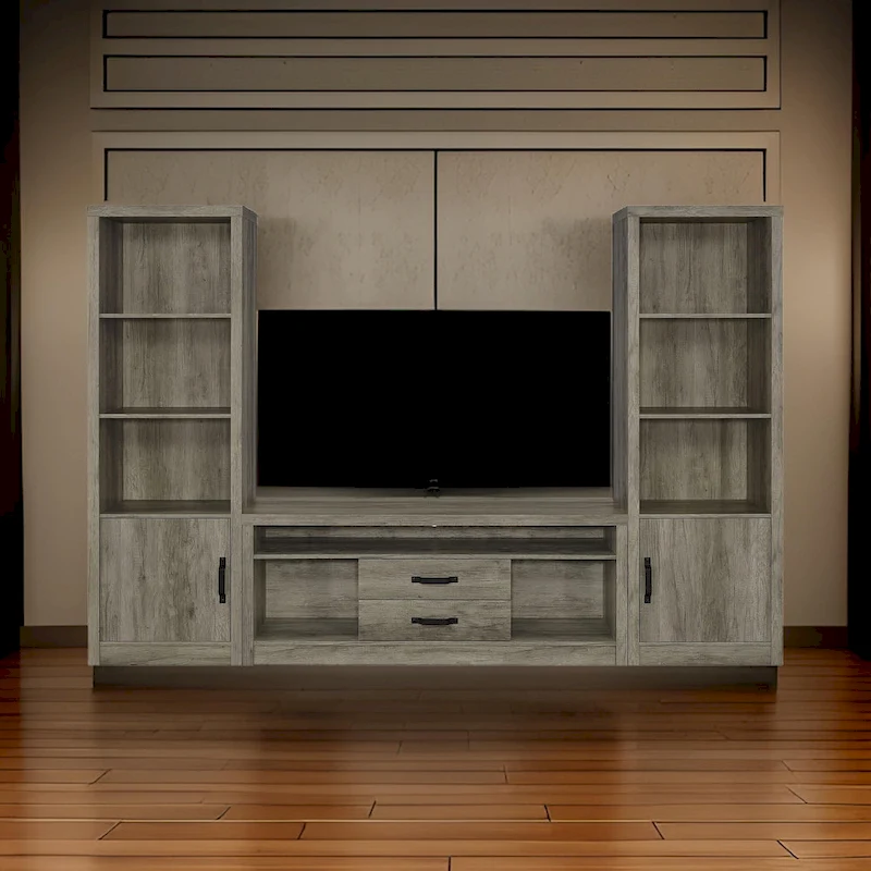 TV Entertainment Console with 2 Media Tower, 8 Compartments, Driftwood Gray