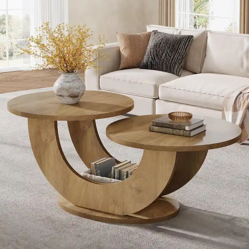45.27 Inches Natural Engineered Wood Coffee Table with U Shaped Base, 2-Tier Farmhouse Tea Table for Living Room