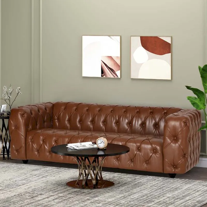 Faux Leather Button-Tufted 3-Seater Sofa with Wood Legs