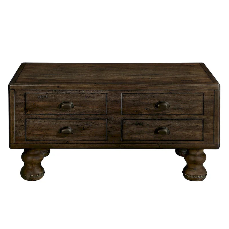 Rectangle Coffee Table, 4 Drawers, Pine Wood & MDF, Oak Veneer, Gourd Legs, 40