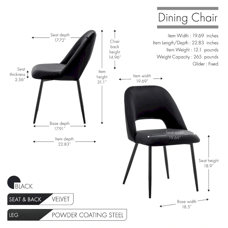 Velvet Dining Chairs with Steel Legs, Set of 2