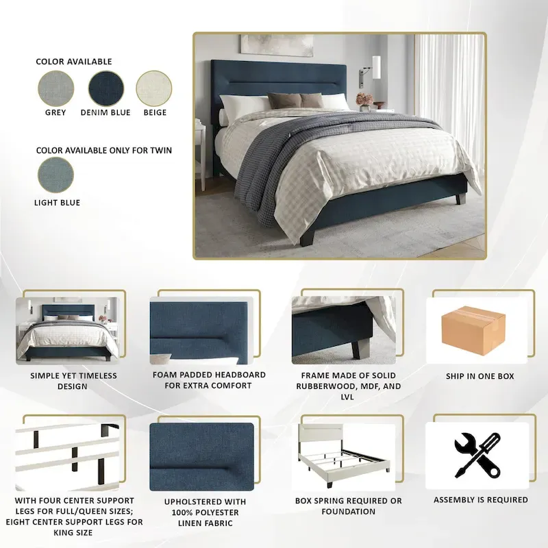 Linen Upholstered Bed, Foam-Padded Headboard, Rubberwood/MDF, Seats 2, Grey/Blue/Beige/Light Blue, Twin/Full/Queen/King