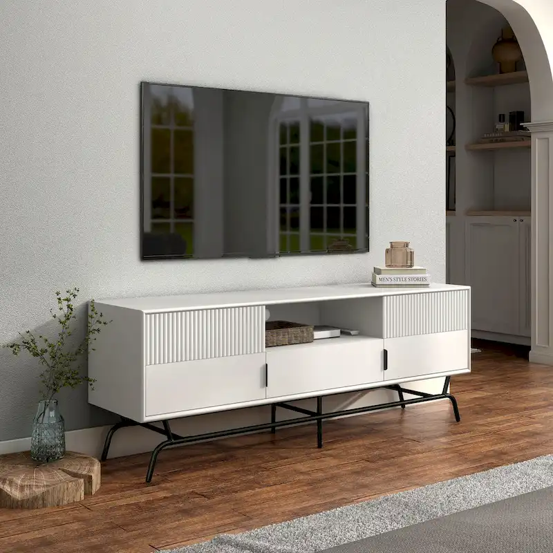 DH BASIC Modern 60-inch 3-Drawer Media Cabinet TV Stand with Cable Hole by Denhour