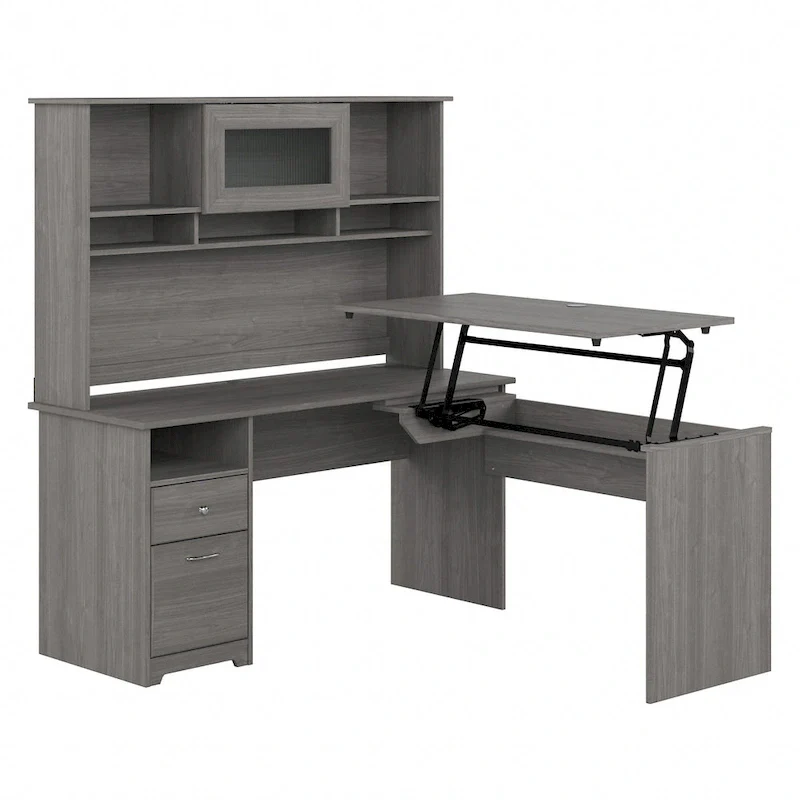 60W 3-position L-shaped Sit to Stand Desk with Hutch by