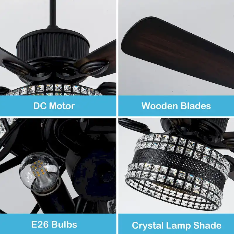 Oaks Aura Geneva 52in. Modern Classic Reversible Glam Crystal Ceiling Fan with Lights, 6-Speed Fan Lights with Remote - 52