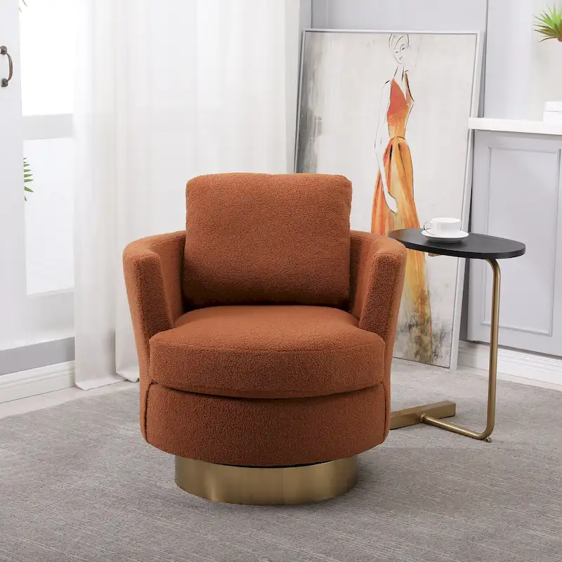 Brown Modern 29.6 Upholstered Swivel Barrel Chair with Gold Stainless Steel Base