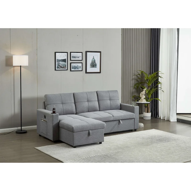 Linen Sectional Sofa Reversible Chaise with Pull out Sleeper