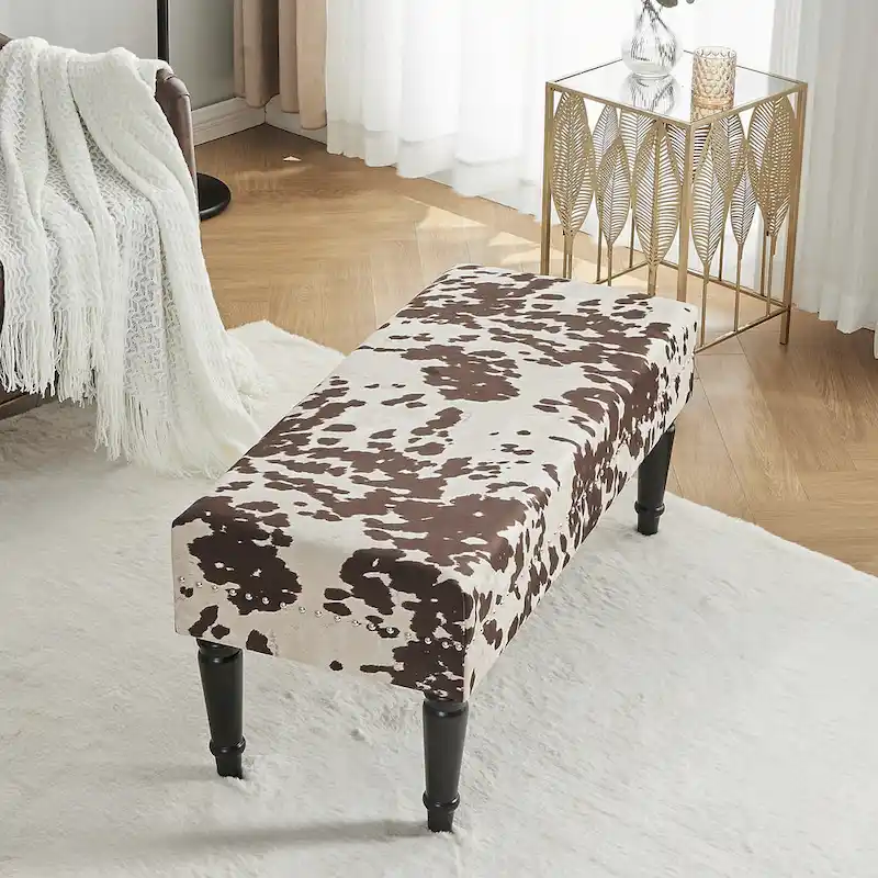 Adeco Cow Print Fabric Rectangular Bench Ottoman