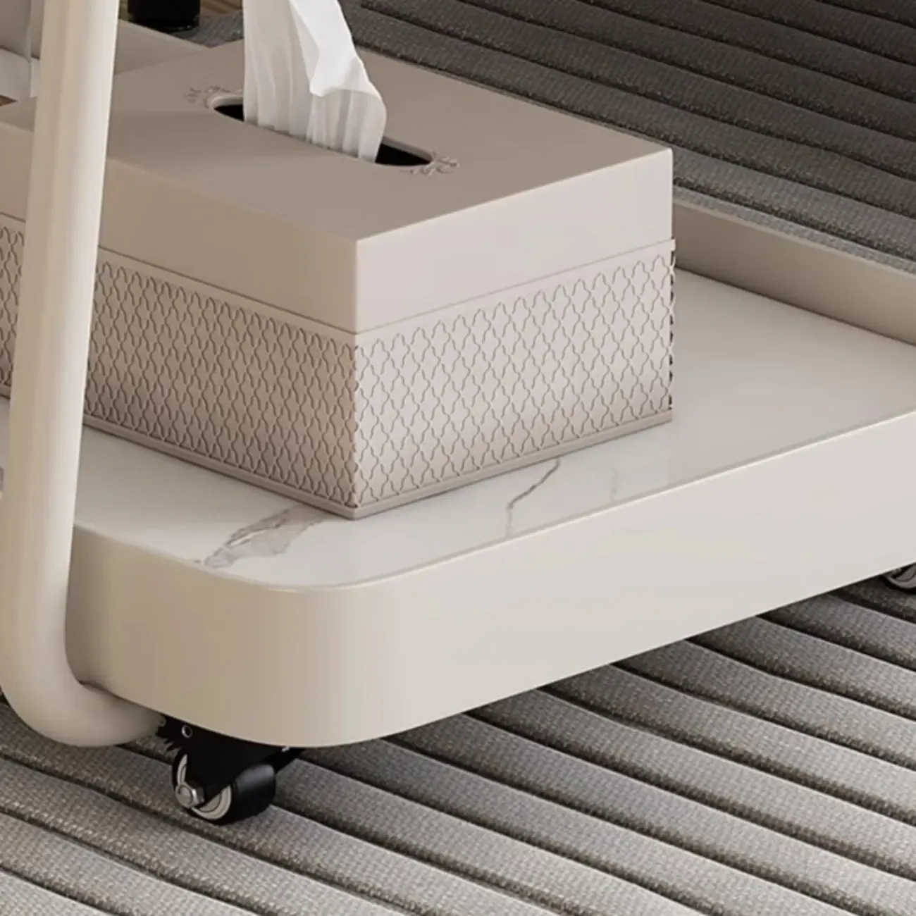 Modern C-Shaped White Stone Rectangular Swivel Side Table