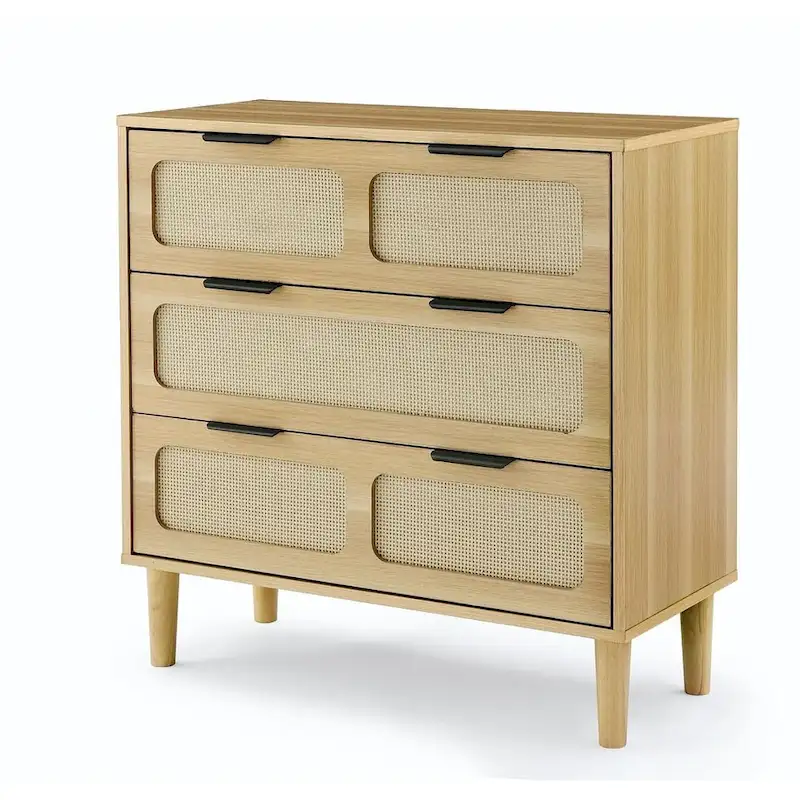 Modern Rattan 3-Drawer Dresser for Home and Office Storage