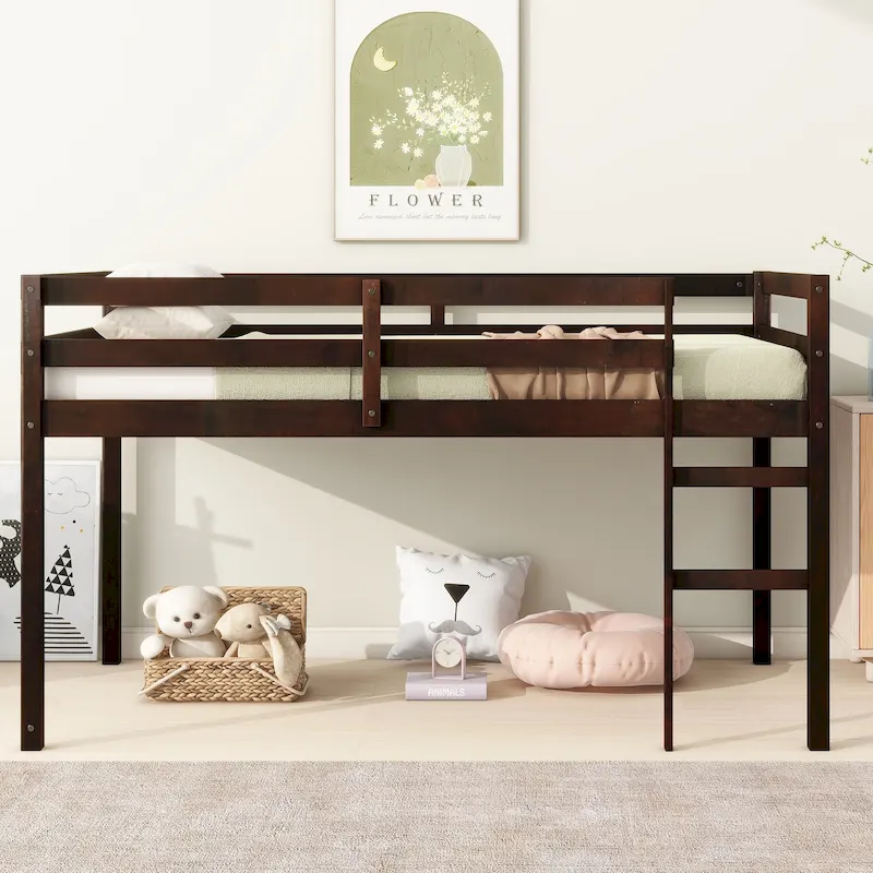 Espresso Twin Size Rubber Wooden Loft Bed with Ladder