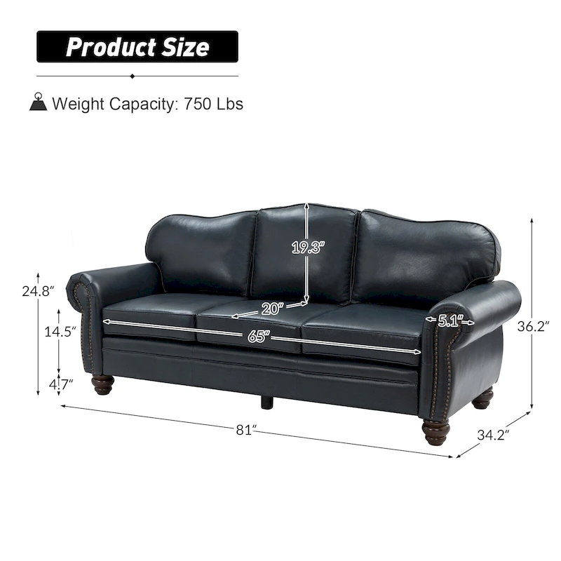 Balvino 81 Wide Transitional Genuine Leather Rolled Arm Sofa with Nailhead Trim and Removable Cushions